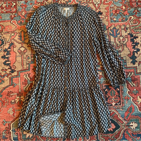 Joie-Black and White Floral Print Long Sleeve Button-Up Drop Waist Dress Sz S - Picture 10 of 13